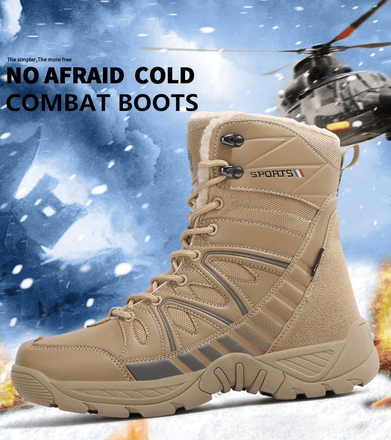 Waterproof leather anti-slip military snow boots with warm plush interior displayed with a snowy backdrop and helicopter in the sky.